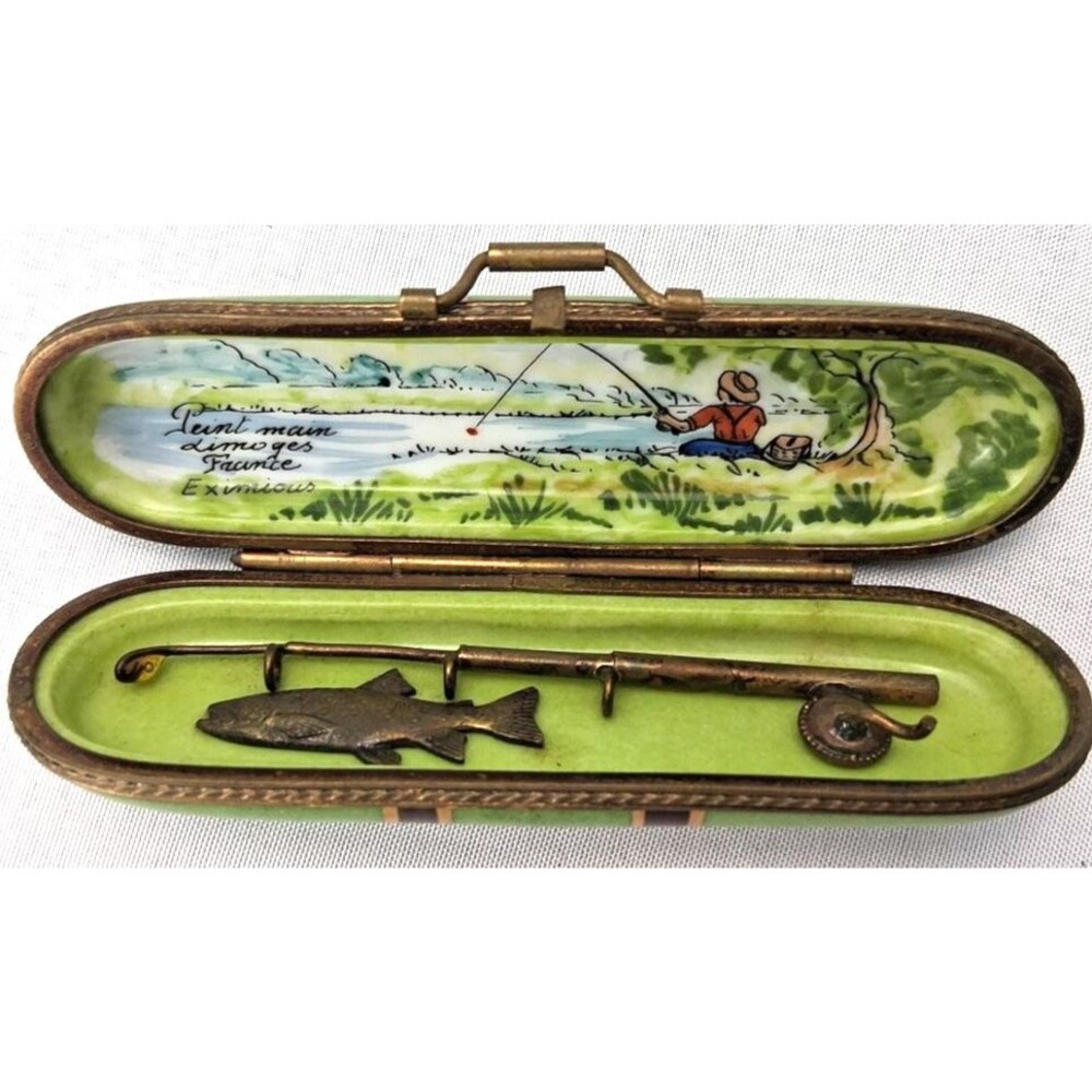 Eximious Limoges France Hand Painted Porcelain Suitcase Trinket Box Fishing